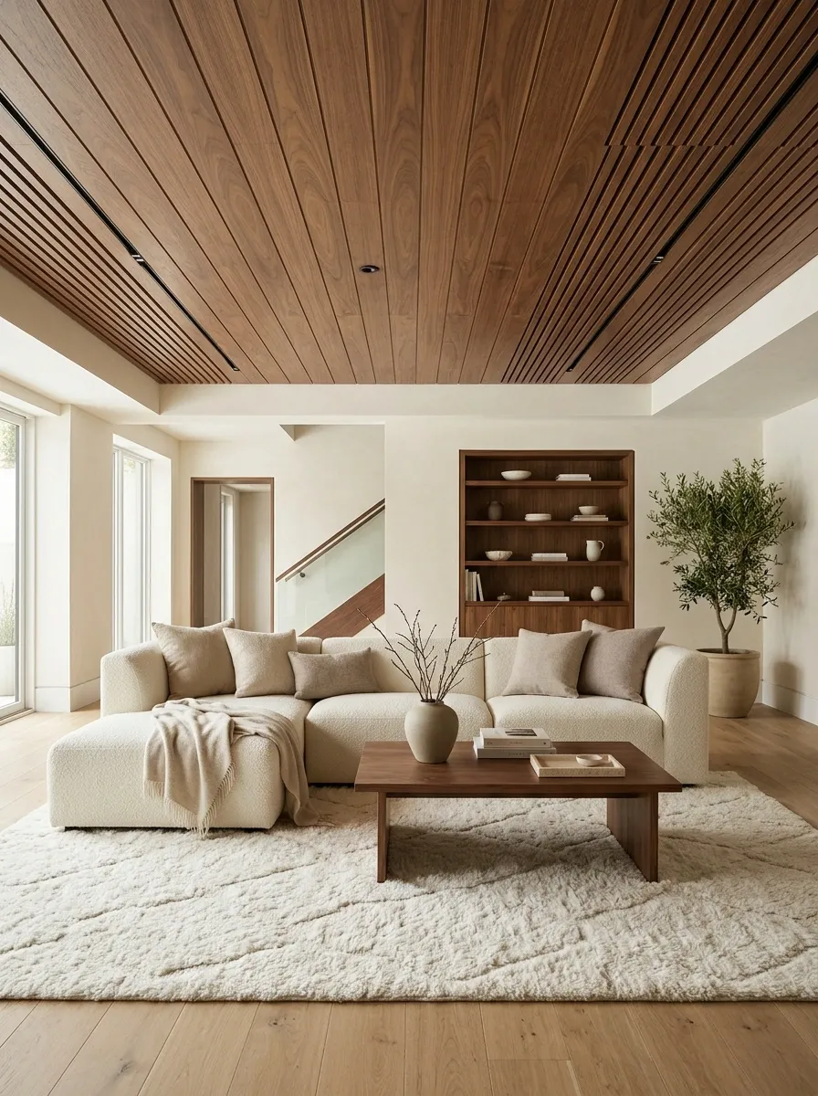 Warm Wood-Look Ceiling With a Contemporary Living Room