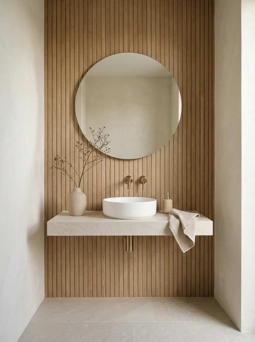 Warm Wood-Look Slat Wall With a Minimal Spa Vanity