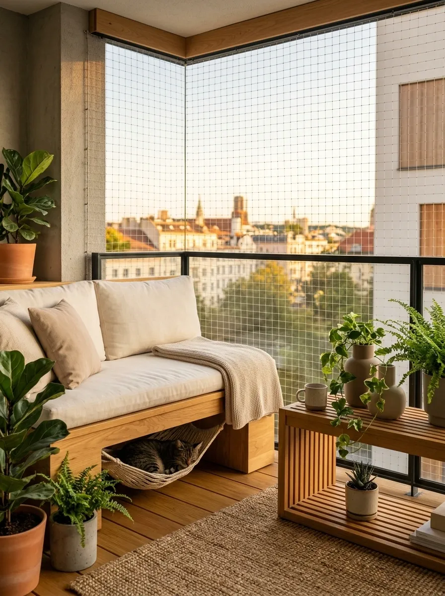 Warm Wooden Balcony With a Cat Hammock Beneath the Bench