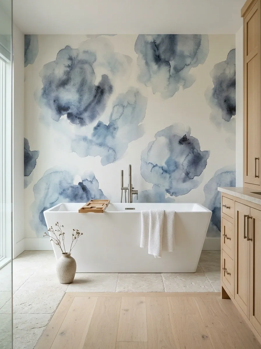 Watercolor Wallpaper With a Freestanding White Bathtub