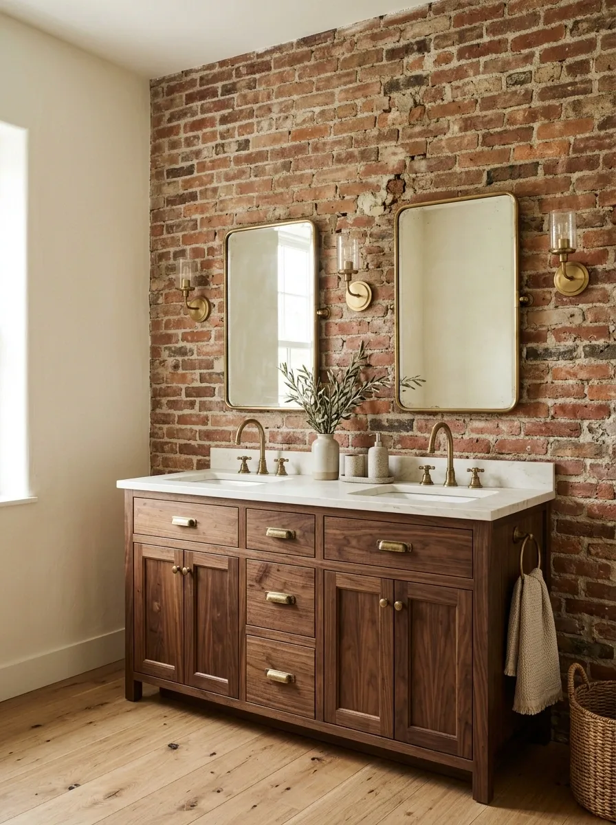 Weathered Brick and Dark Walnut in a Rustic Farmhouse Bathroom