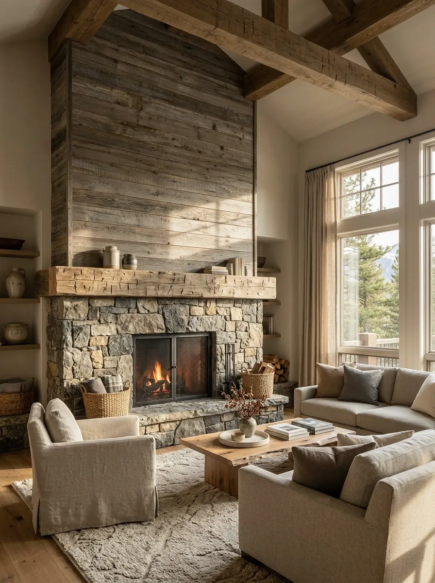 Weathered Wood Shiplap and a Stone Fireplace in a Lodge