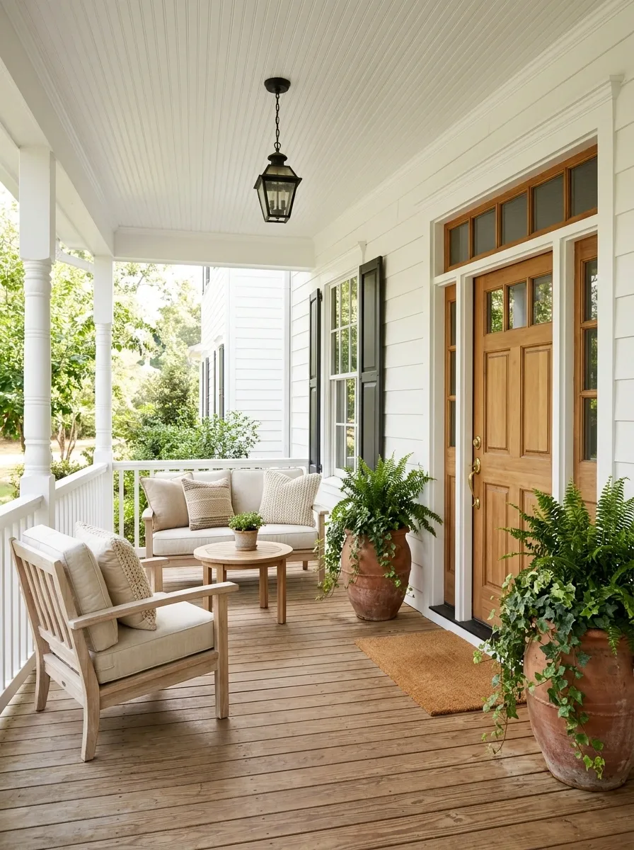 Welcoming Front Porch With a Compact Conversation Set