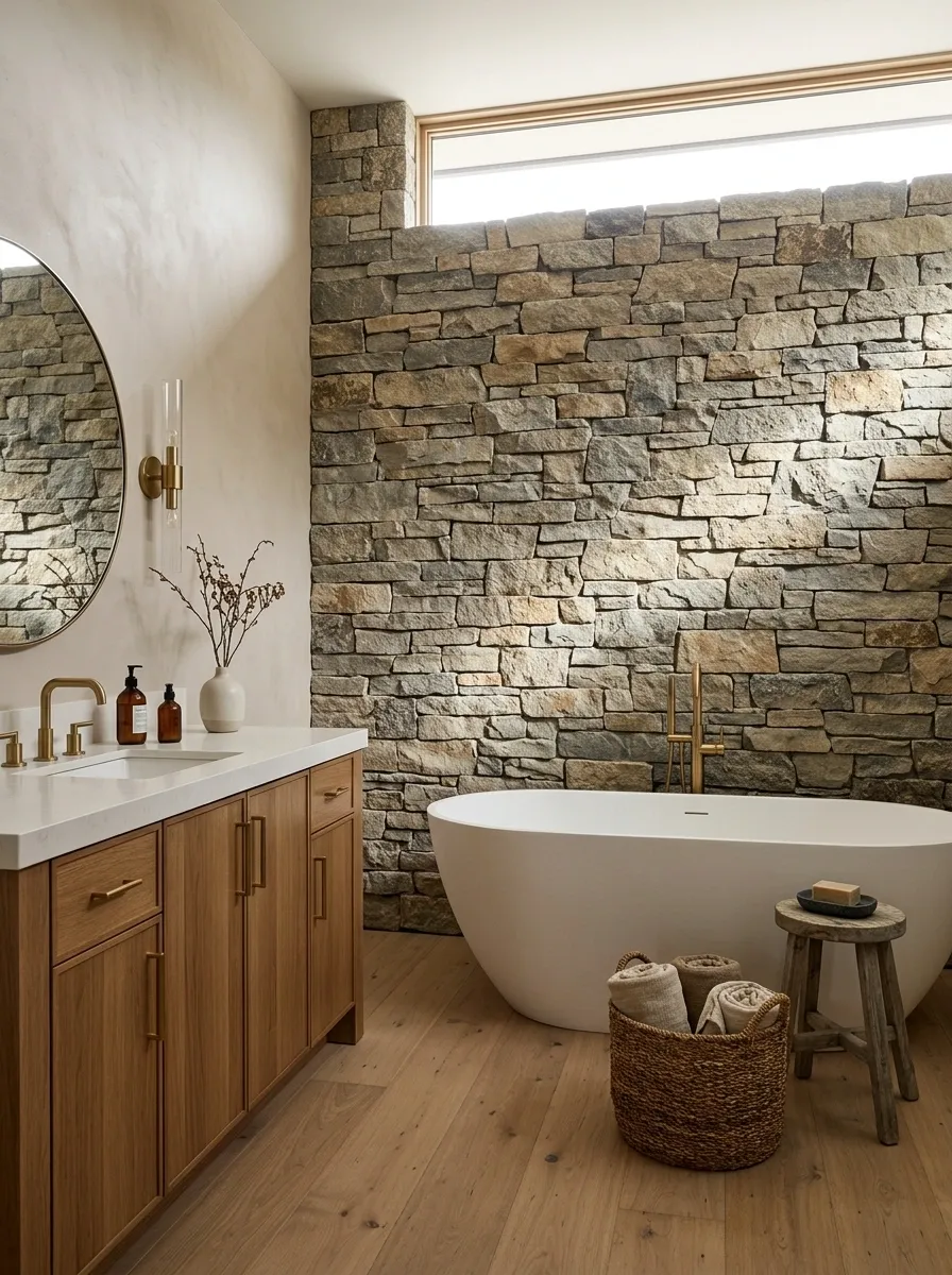 Western Bathroom With a Sculptural Stacked-Stone Bathtub Wall