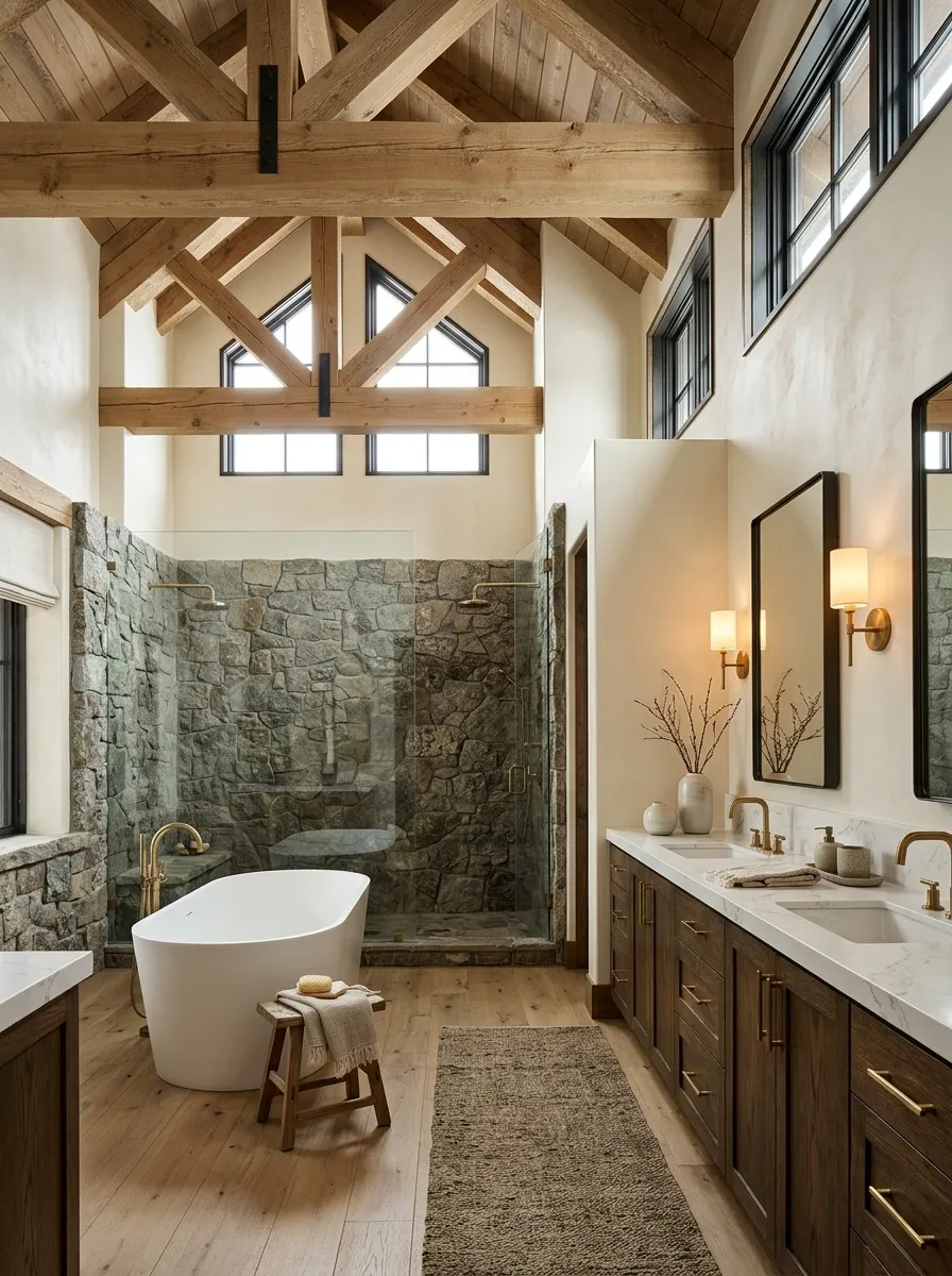 Western Lodge Bathroom With a Vaulted Timber Ceiling