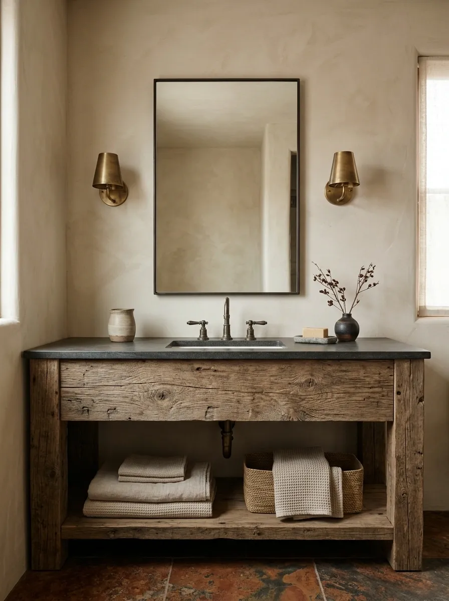 Western Ranch Bathroom With Heavy Timber and Earthy Stone