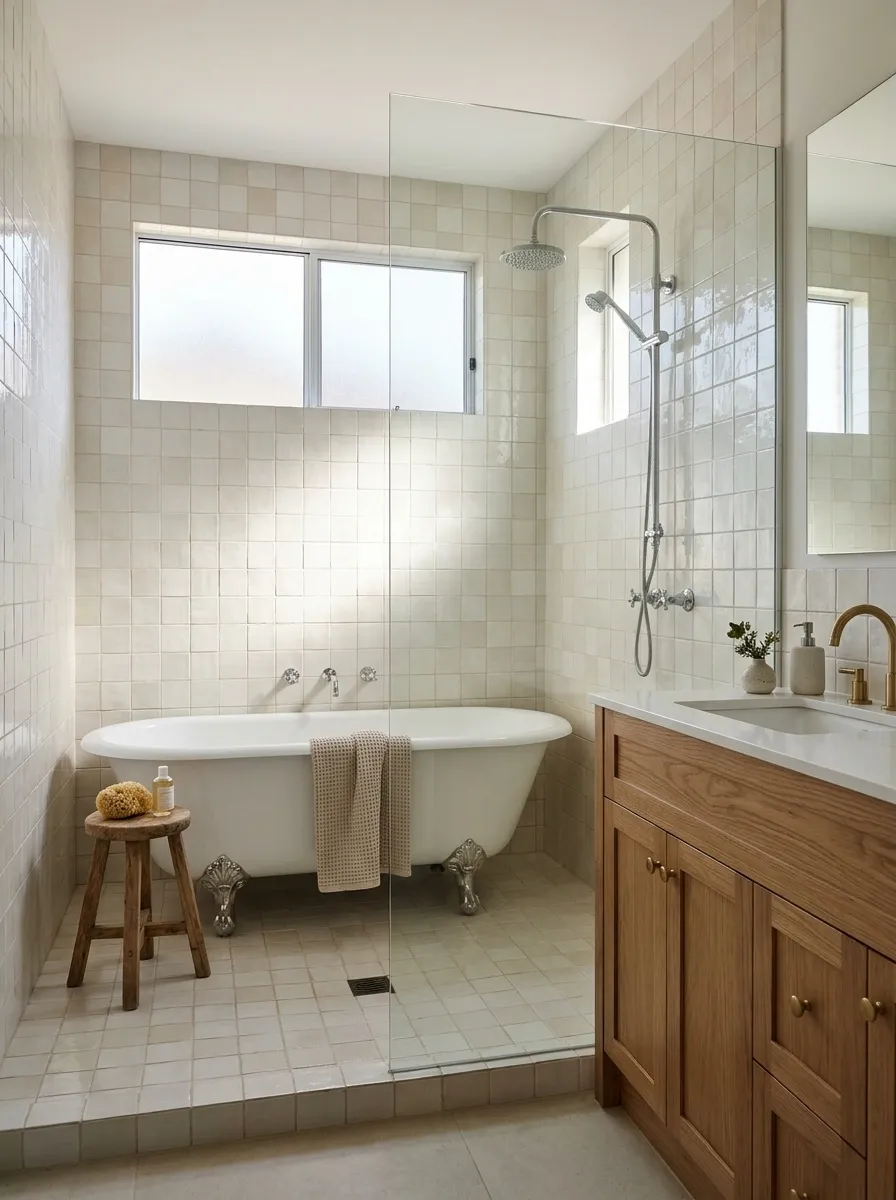 Wet Room With a Traditional Tub and a Continuous Tiled Envelope