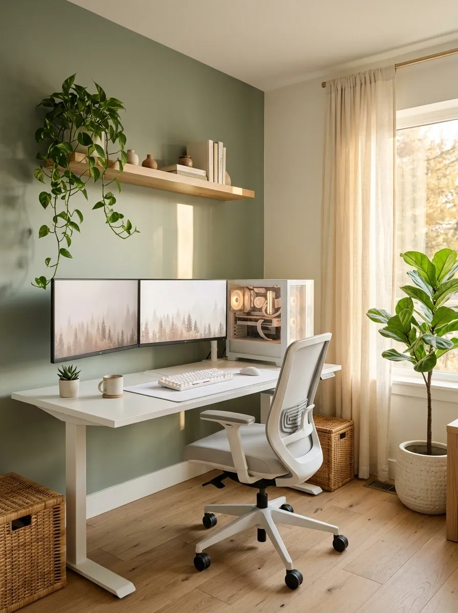 White and Sage Green Biophilic Gaming Space