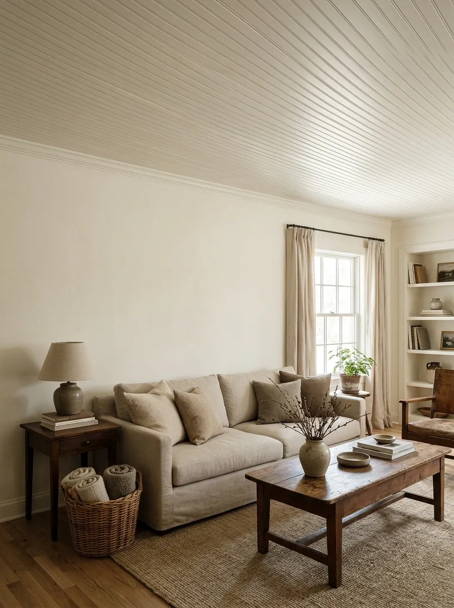 White Beadboard Ceiling in a Warm Cottage Living Room
