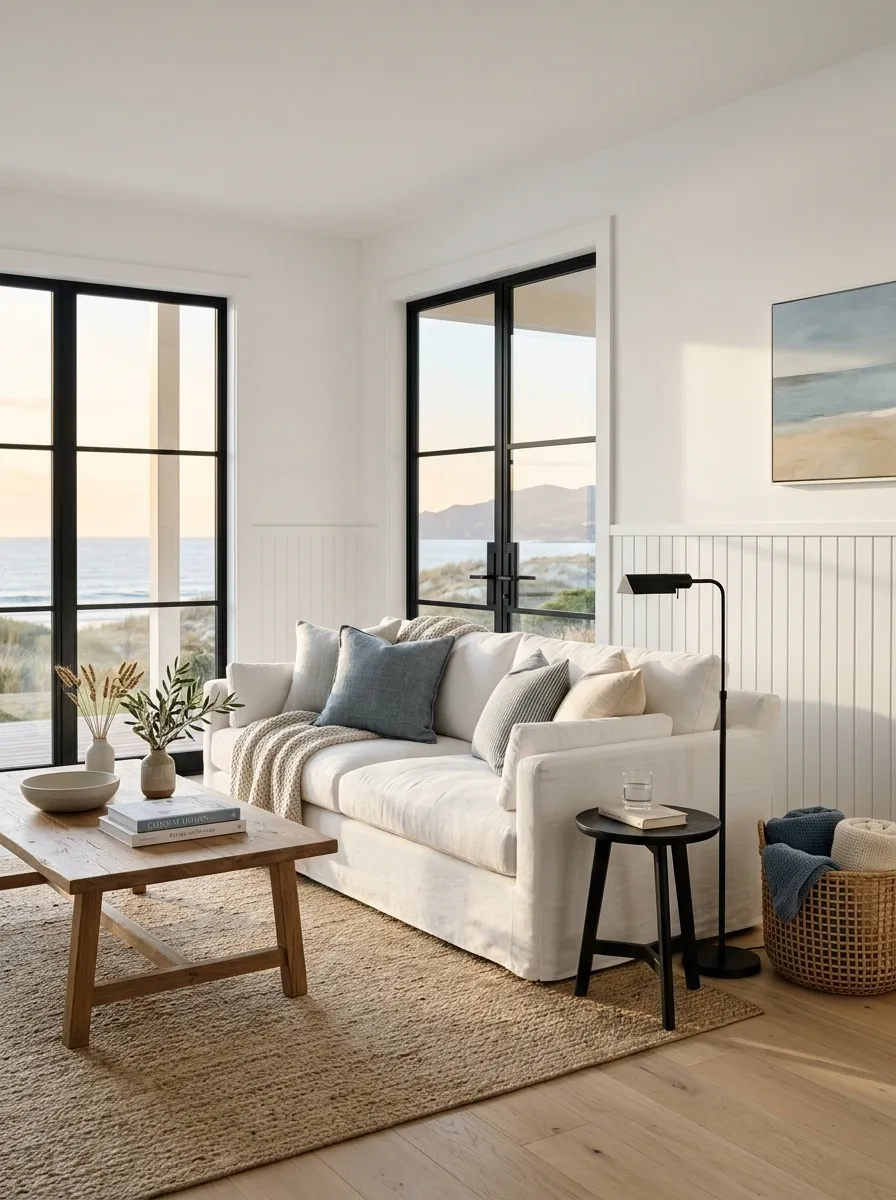 White Beadboard Coastal-Modern Living Room With Black Accents