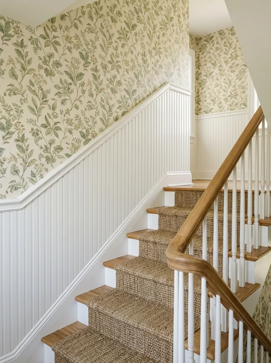 White Beadboard Wainscoting With Botanical Wallpaper