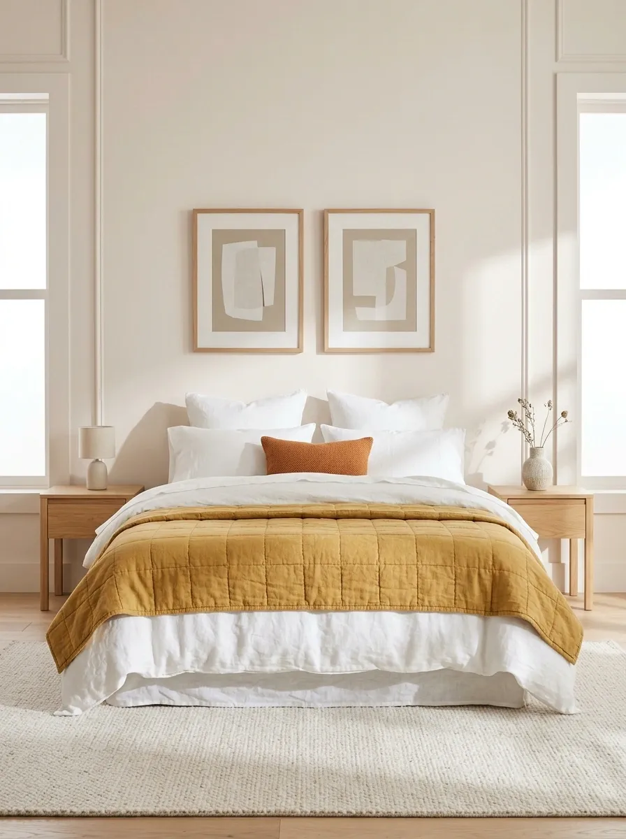 White Bedding With a Mustard Quilt and Rust Accent