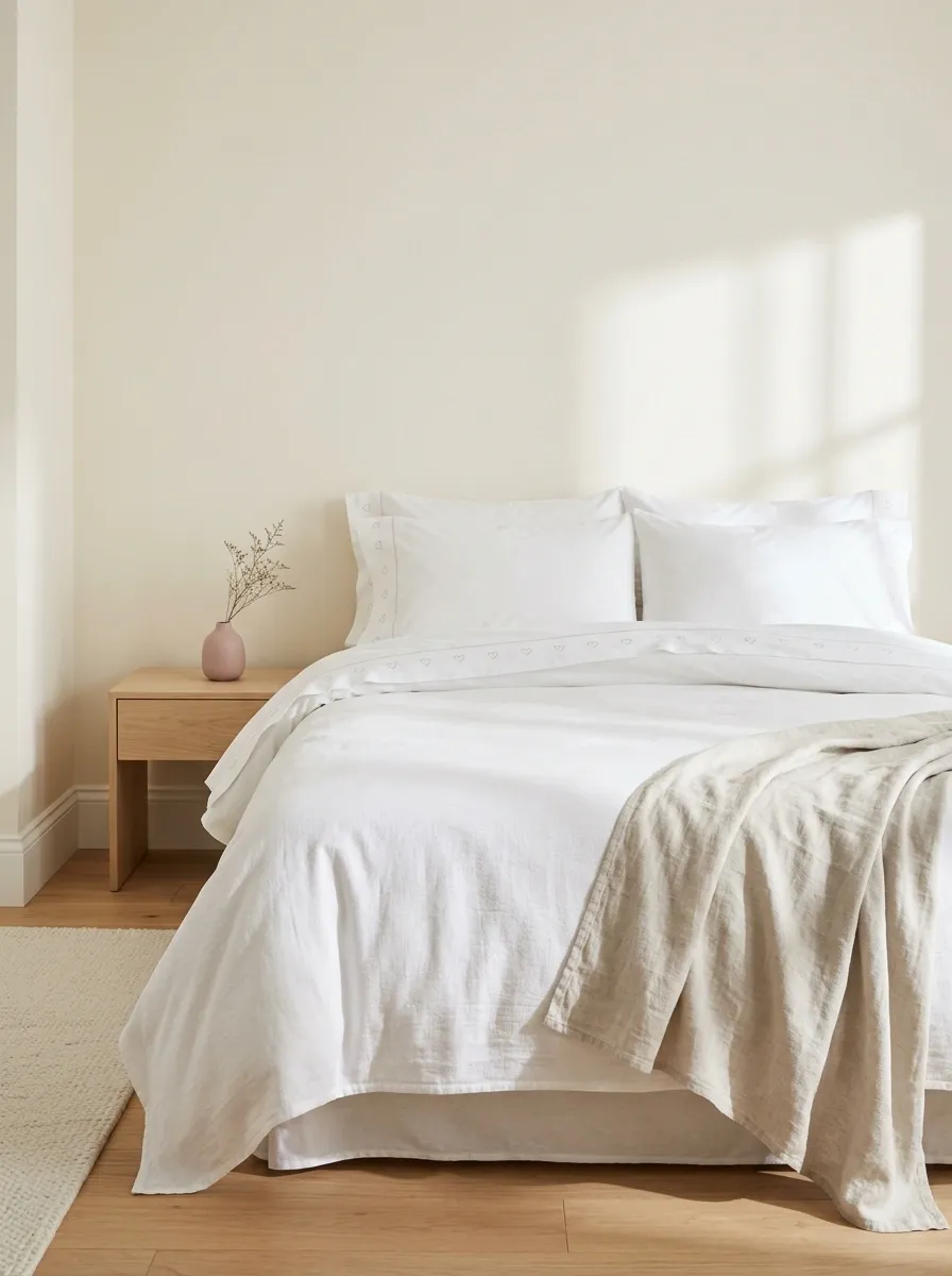 White Bedding With Tiny Embroidered Hearts