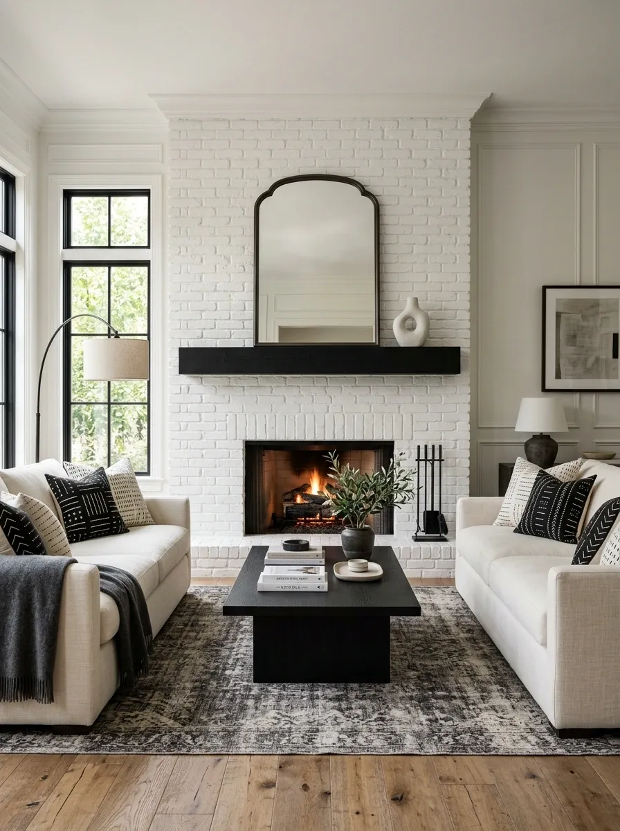 White Brick Fireplace With Black Mantel