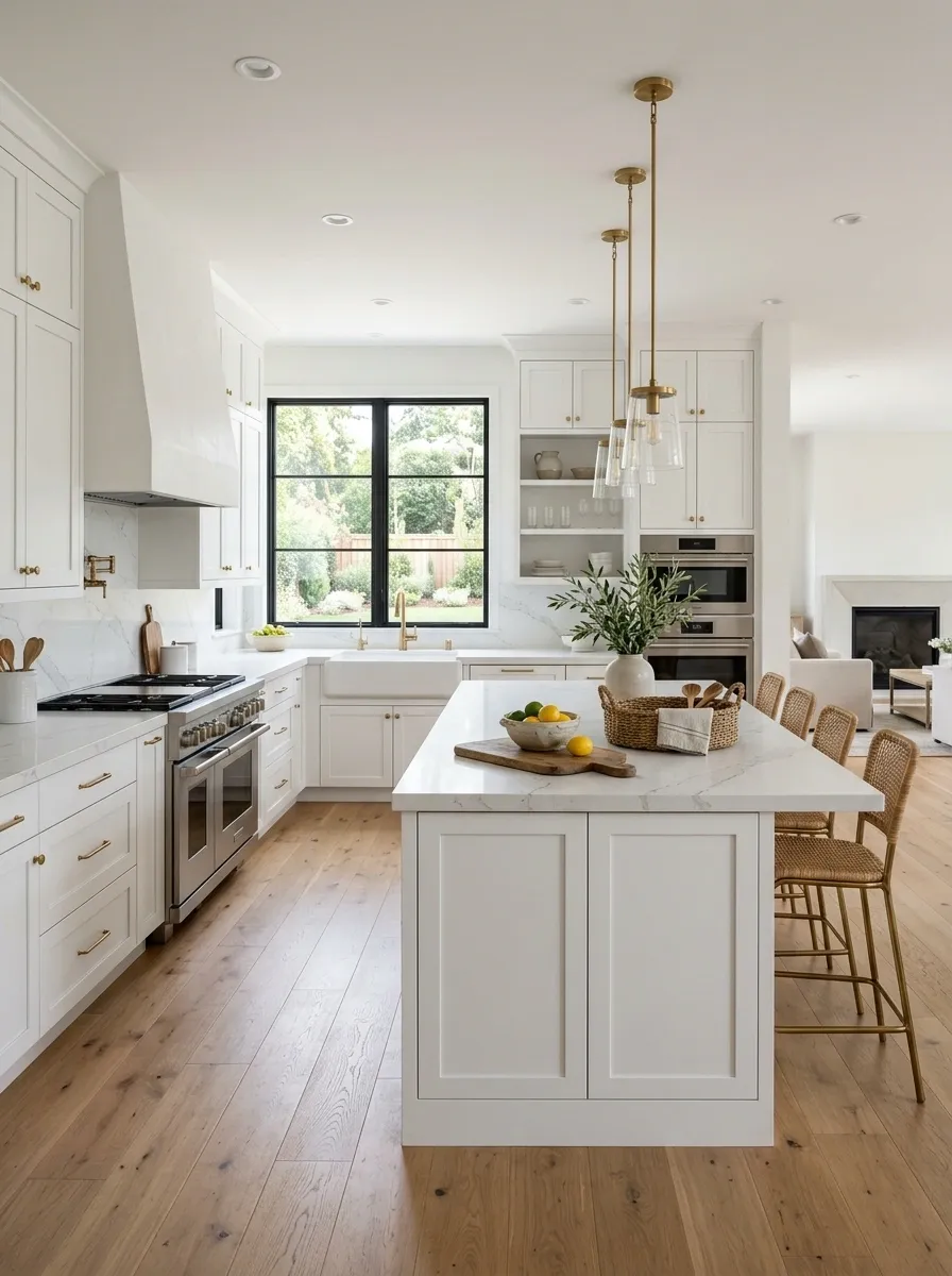 White Cabinets With Gray Veined Quartz and Oak Flooring