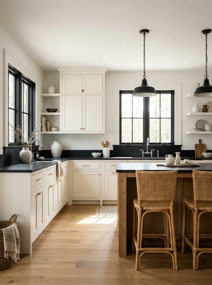 White Cottage Kitchen With Black Countertops