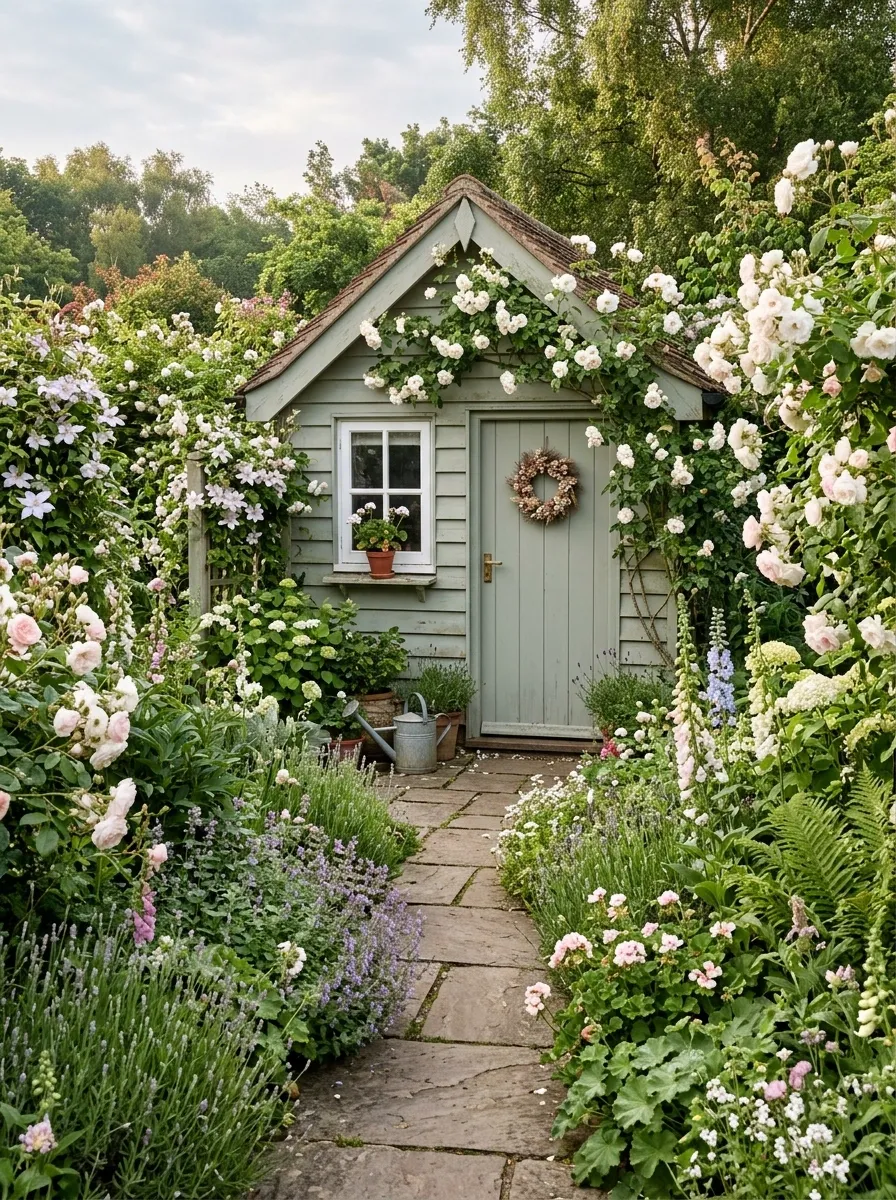 White Cottage Roses Around a Small Garden Shed