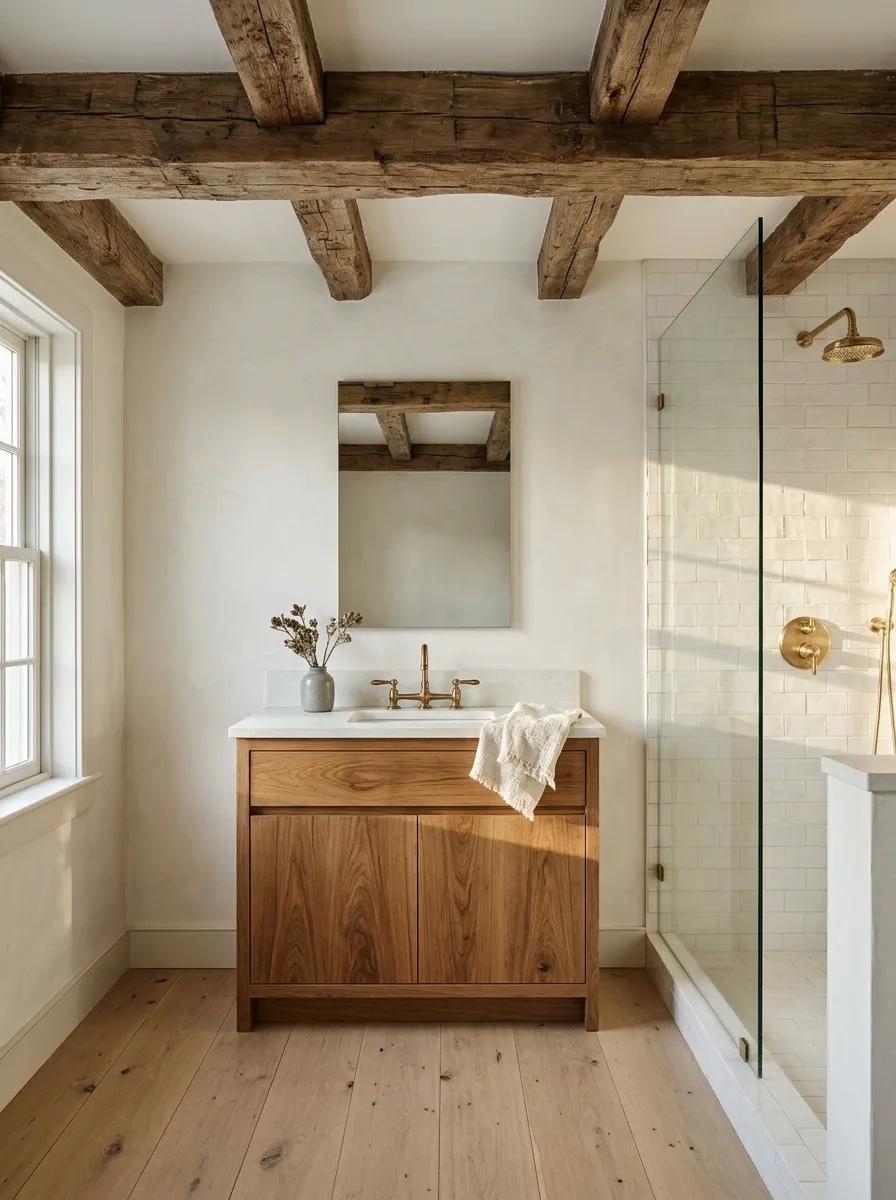 White Farmhouse Bathroom With Exposed Timber and a Handmade-Tile Shower