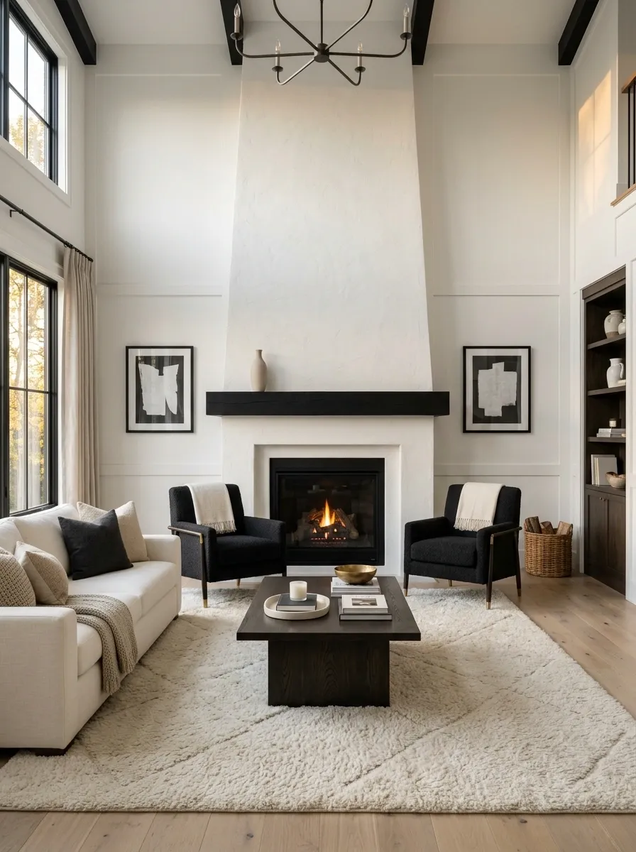 White Fireplace, Black Mantel, and Symmetrical Chairs
