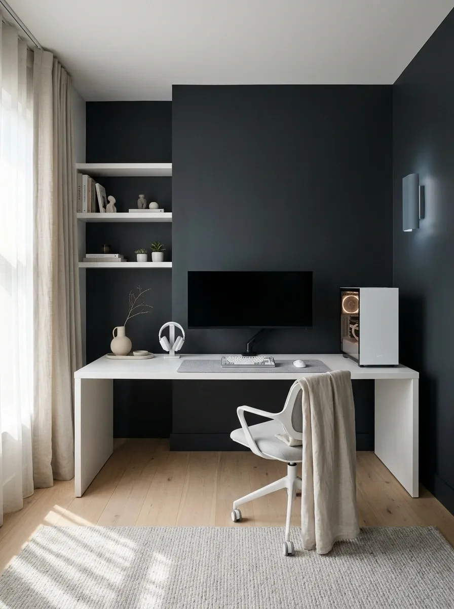 White Gaming Desk Against a Dark Feature Wall