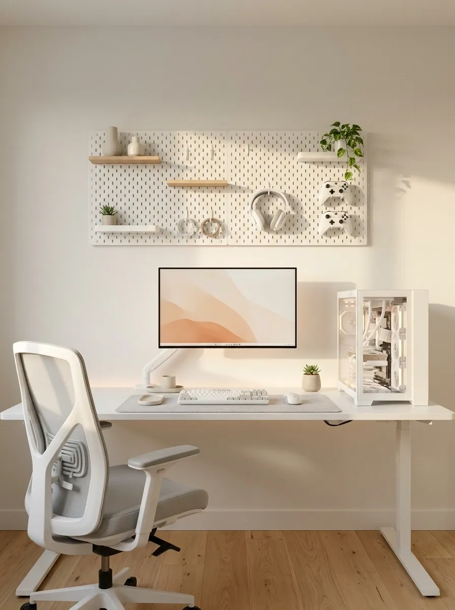 White Gaming Setup With a Functional Pegboard Wall