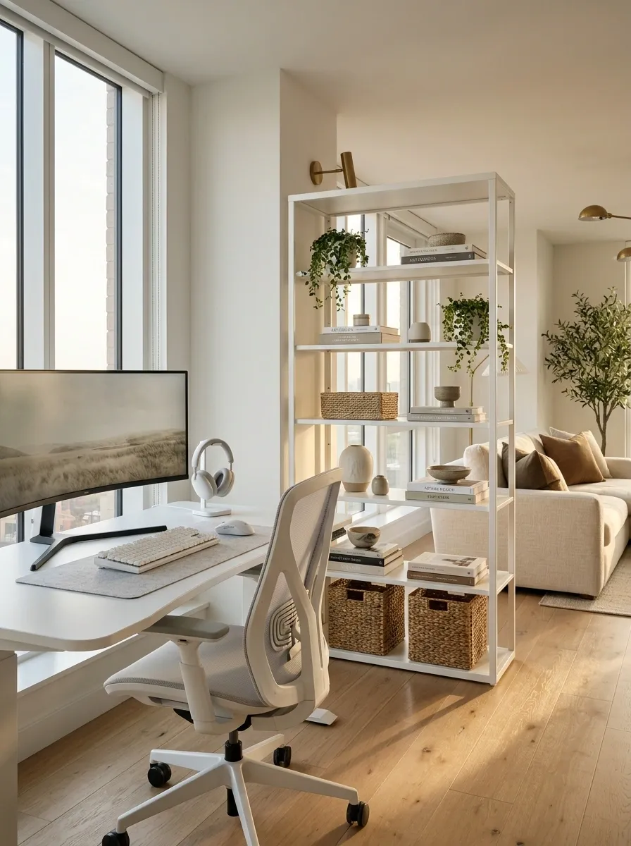 White Gaming Setup With a Room-Dividing Shelf