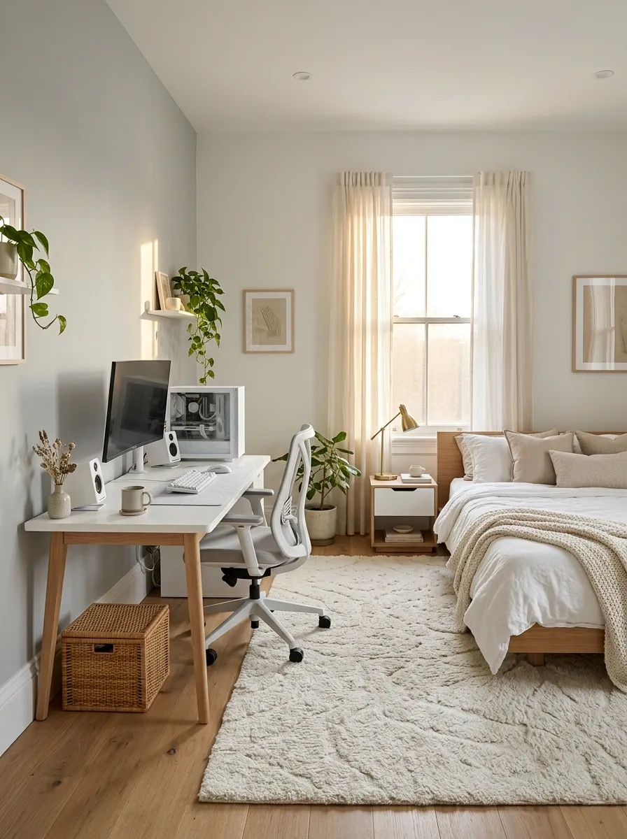 White Gaming Station Integrated Into a Bedroom