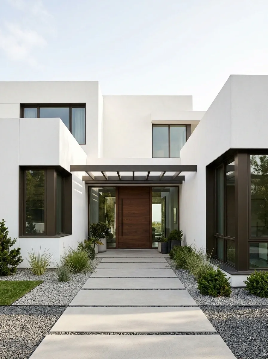 White Geometric House With a Pergola-Shaded Arrival