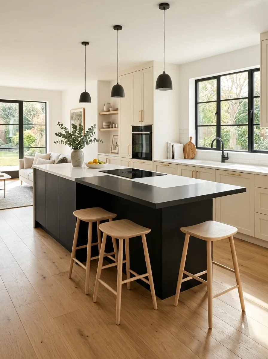 White Kitchen With a Black Peninsula and Built-In Dining
