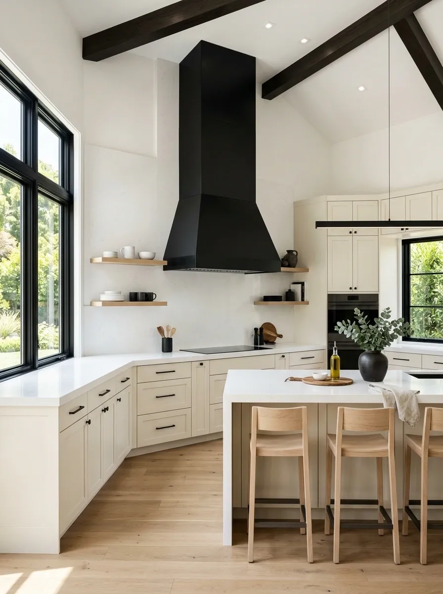 White Kitchen With a Sculptural Black Hood