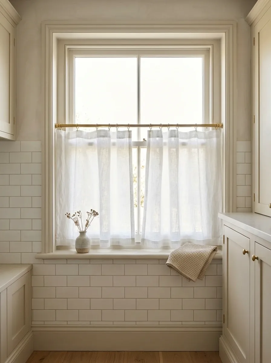 White Linen Café Curtains in a Cottage Bathroom