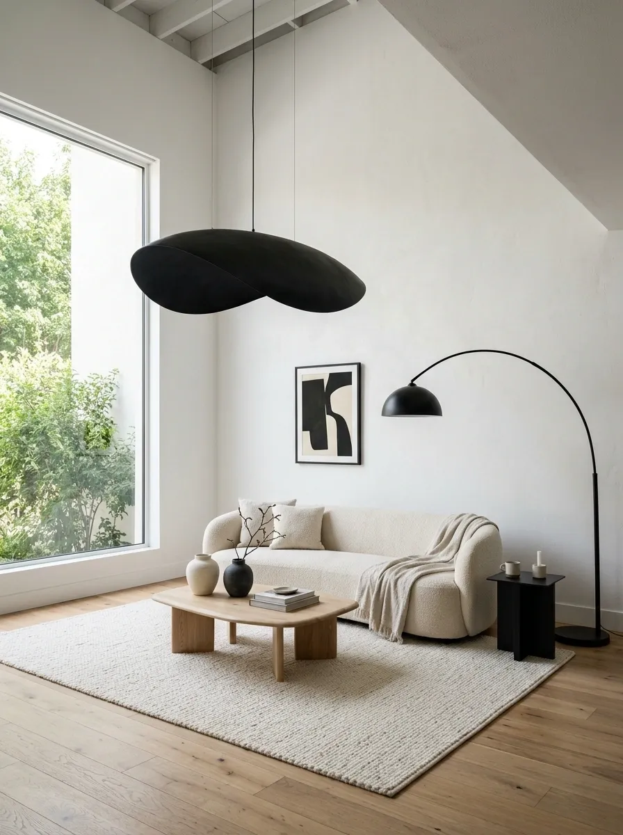 White Living Room With Black Sculptural Lighting