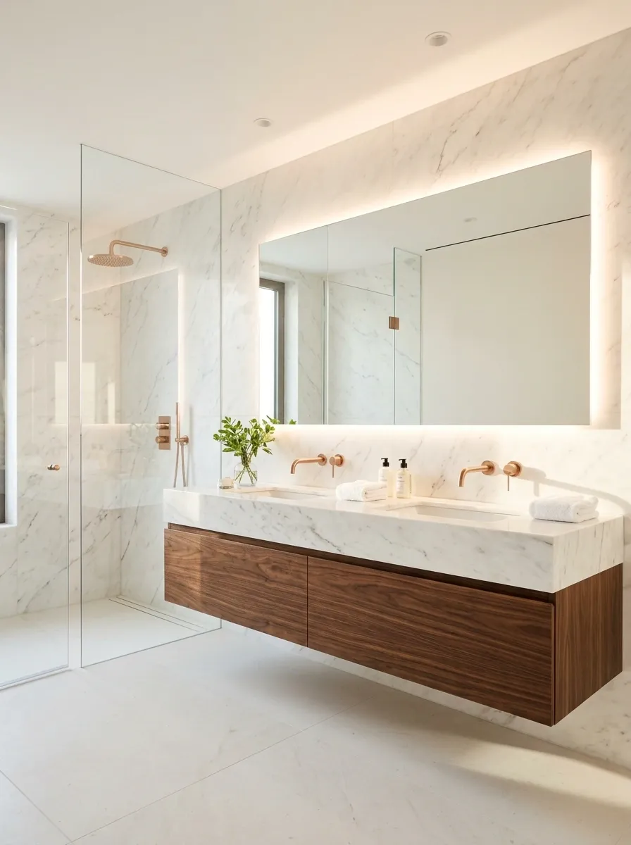 White Marble Bathroom With a Warm Walnut Vanity