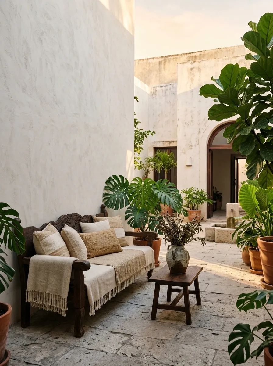 White Mexican Courtyard With Greenery and Handmade Ceramics