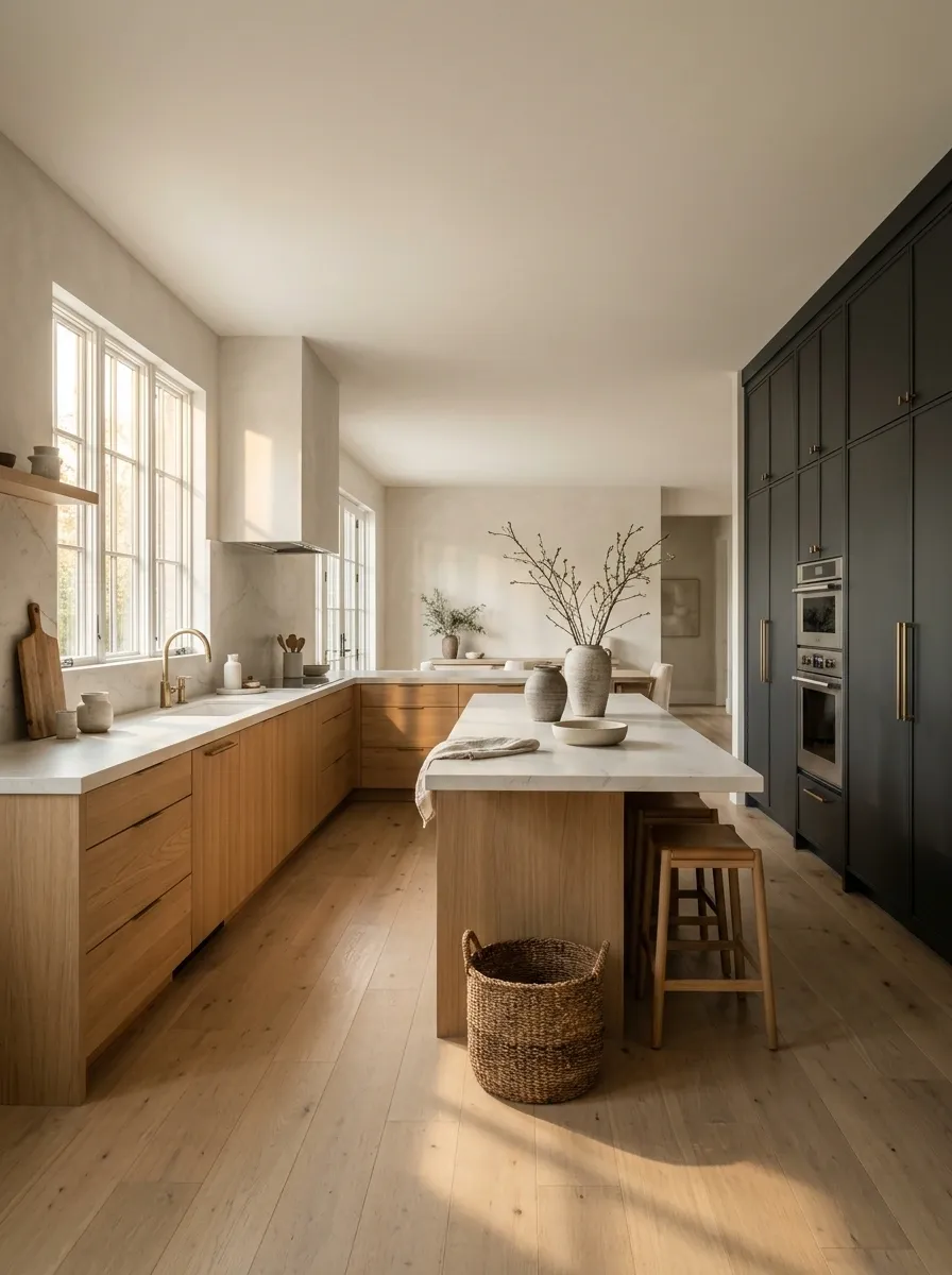 White Oak Base Cabinets With a Charcoal Pantry Wall