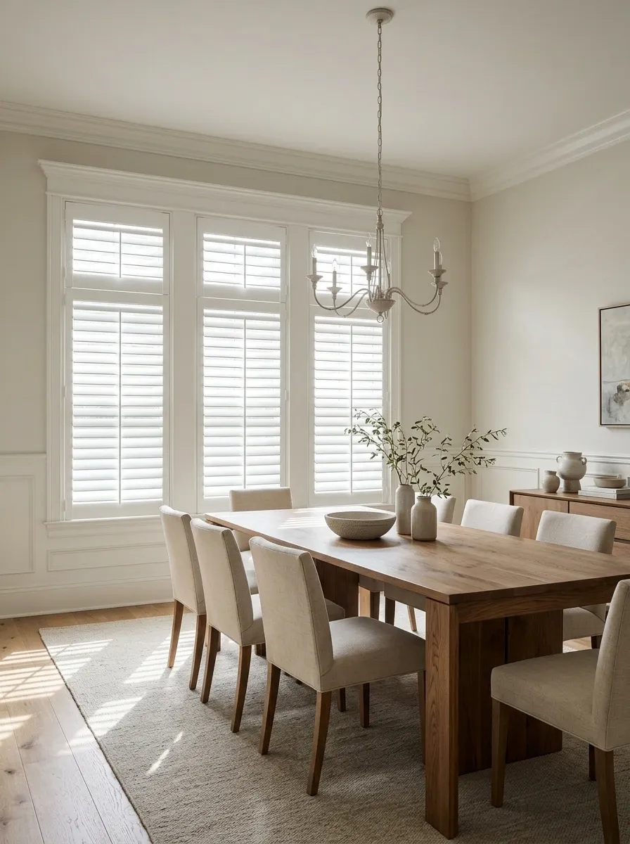 White Plantation Shutters in a Classic, Light-Filled Dining Room