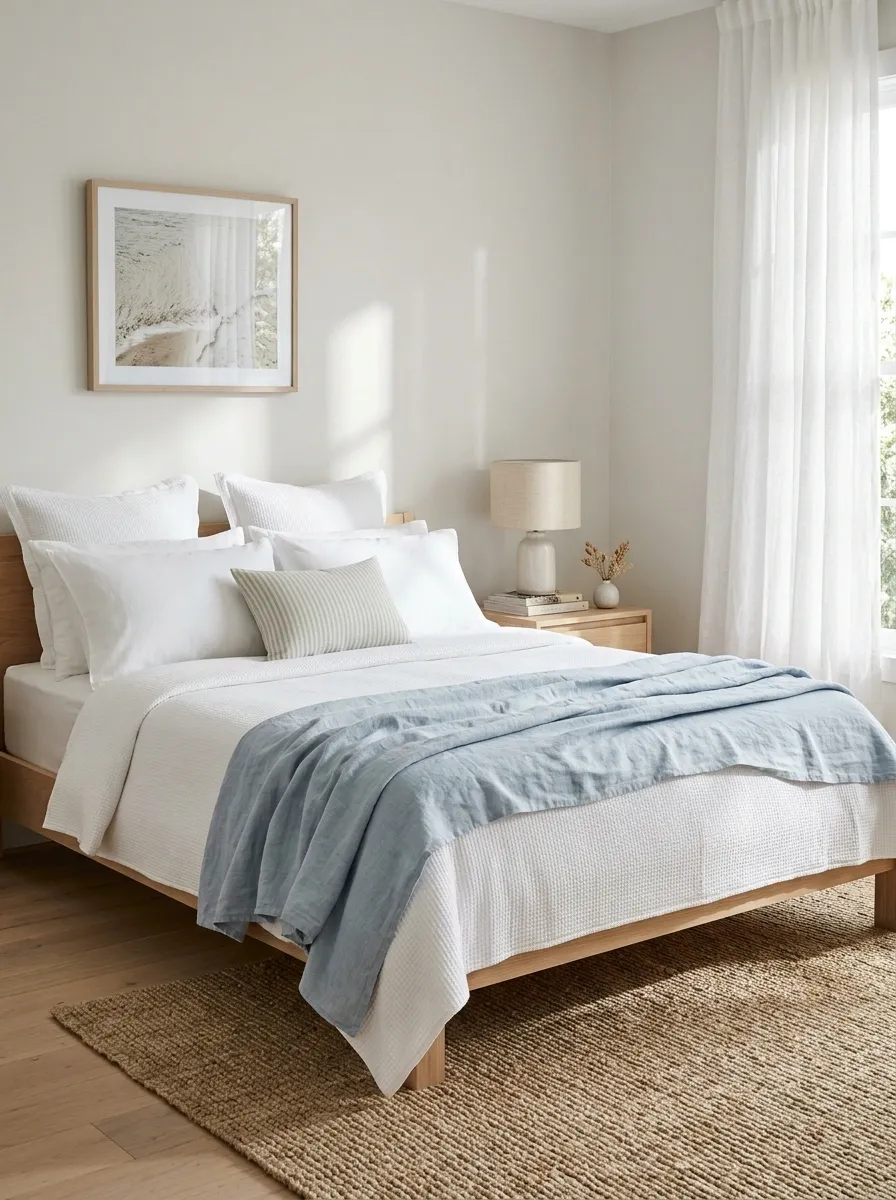 White Quilted Bedding With a Loose Pale Blue Layer