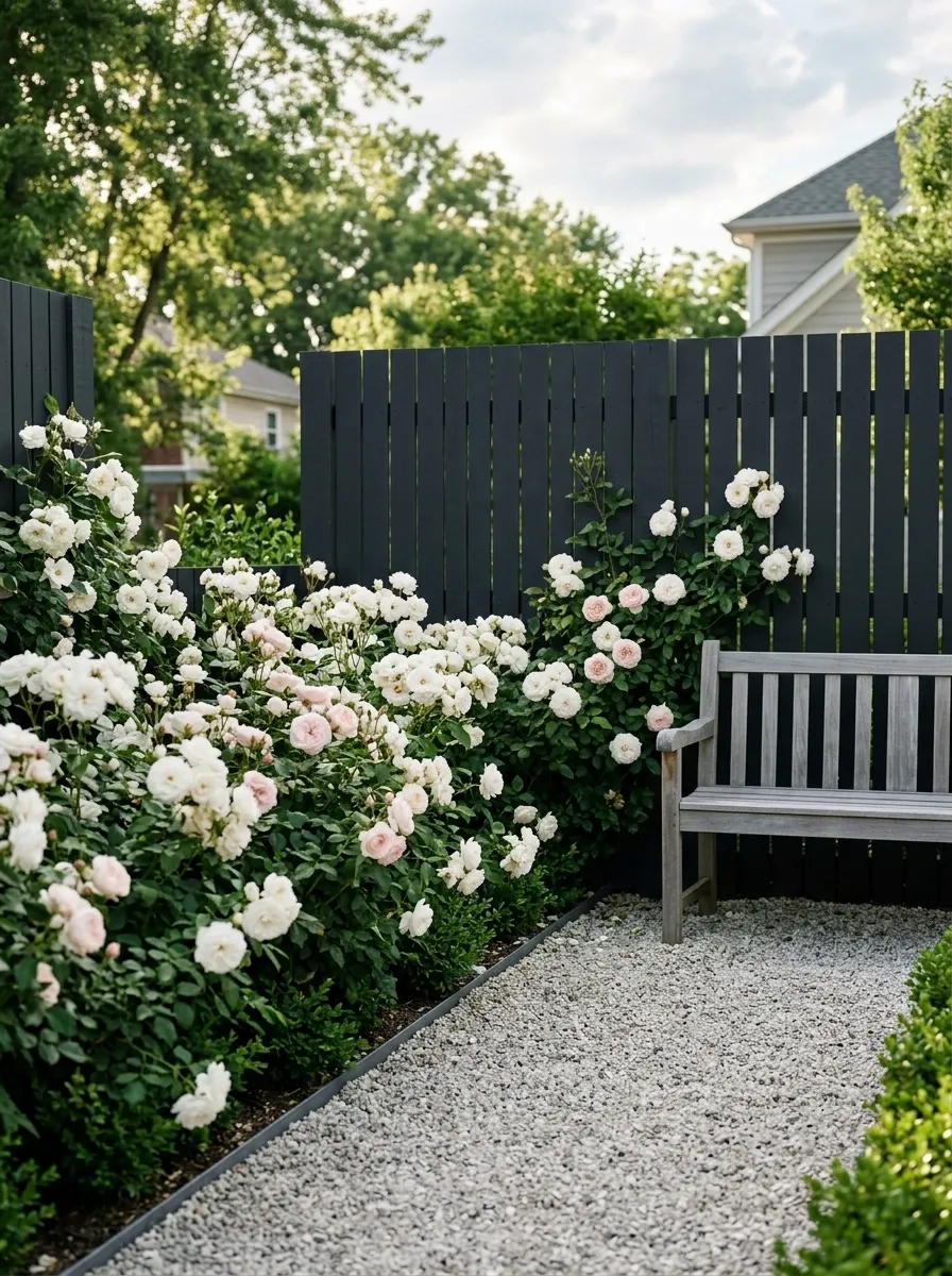 White Roses Against a Dark Garden Fence