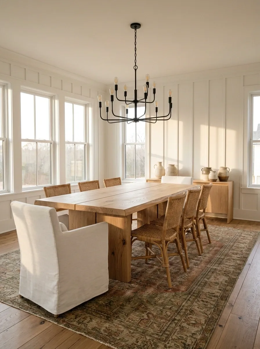 White Shaker Farmhouse Dining Room With Warm Wood Anchors