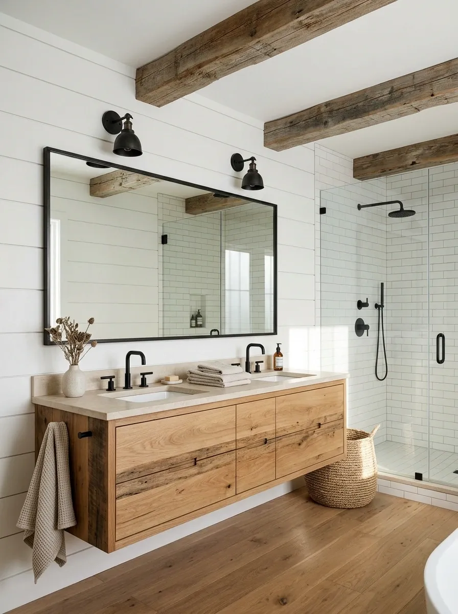 White Shiplap Ranch Bathroom With Reclaimed Timber