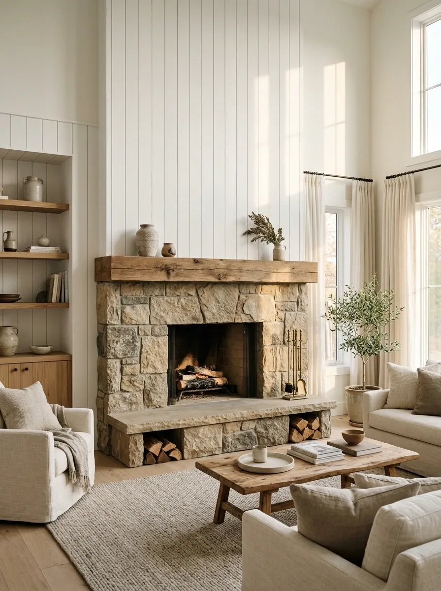 White Shiplap With a Broad Natural-Stone Hearth