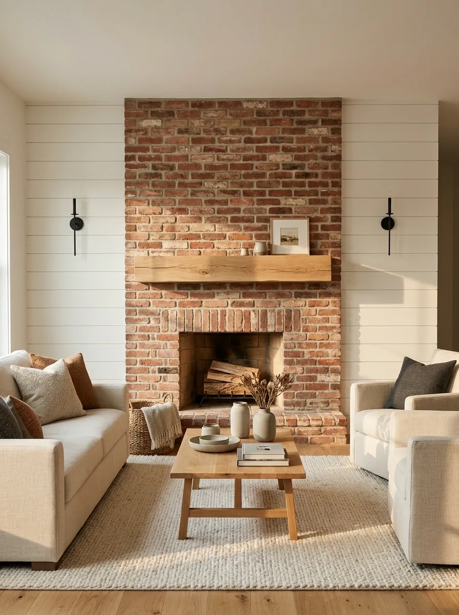 White Shiplap With an Exposed Red-Brick Fireplace
