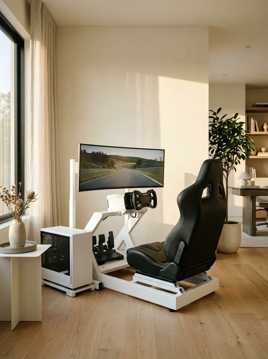 White Sim-Racing Corner With a Dedicated Cockpit