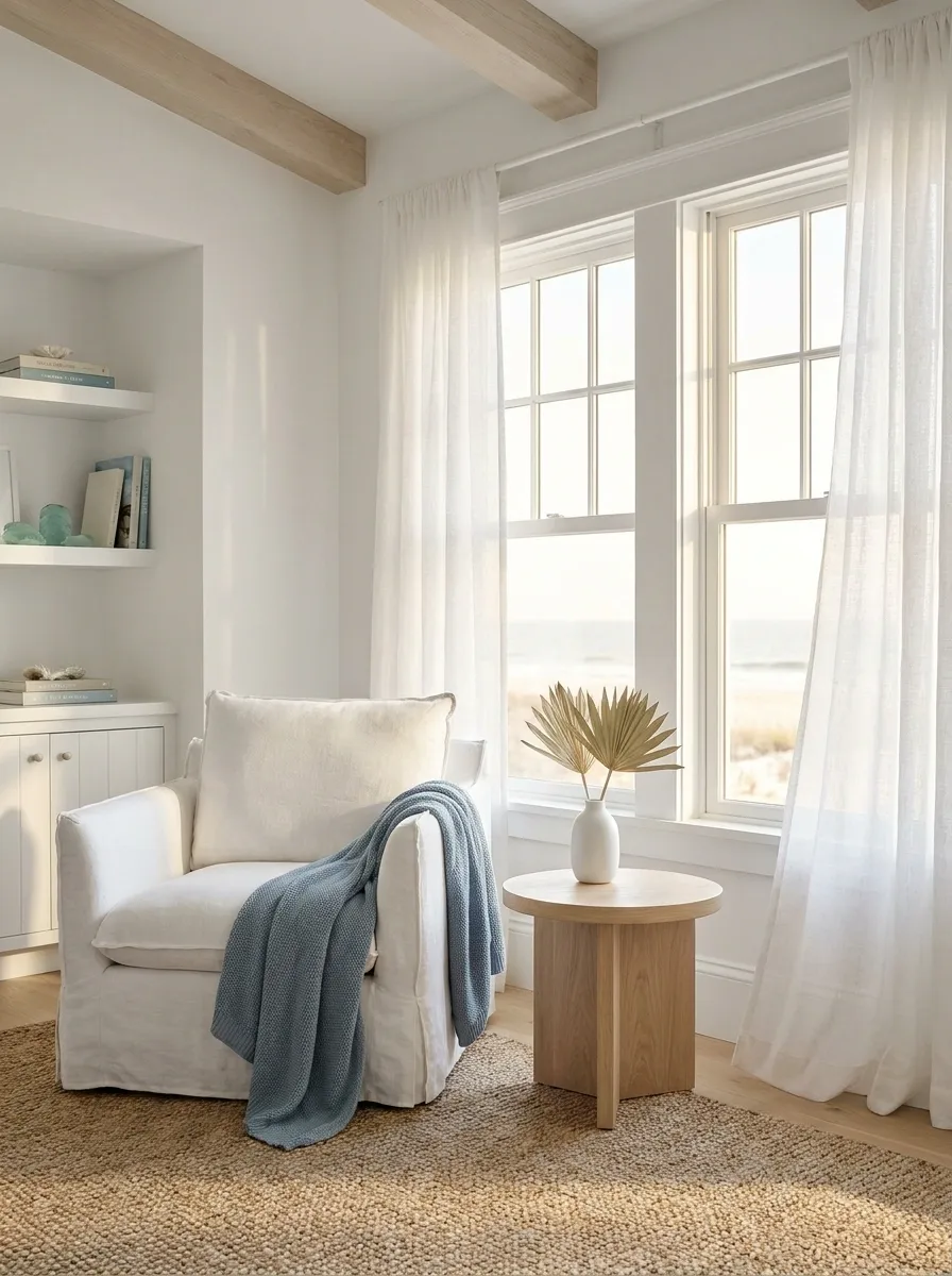 White Slipcovered Chair in a Coastal Reading Nook