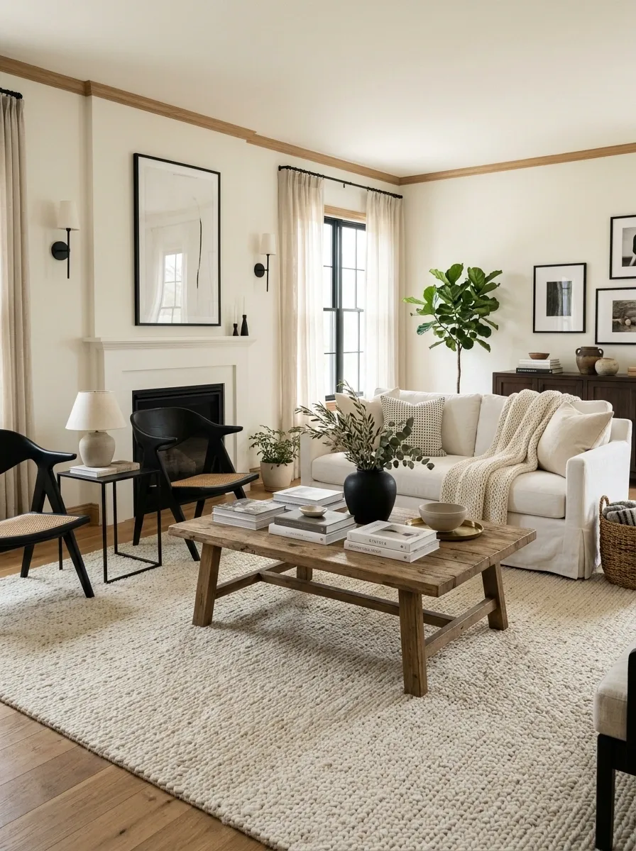 White Slipcovered Sofa With Black Accent Chairs