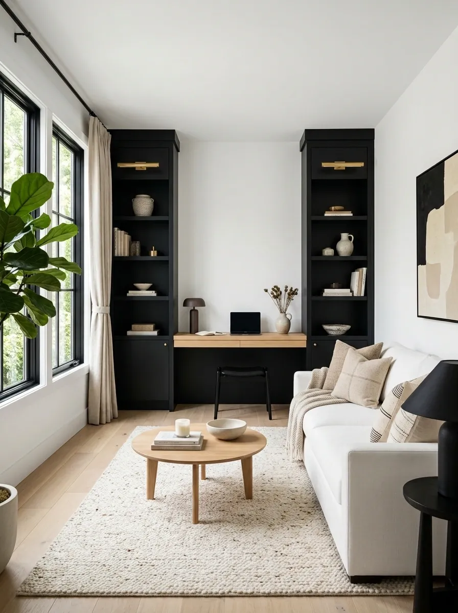 White Sofa, Black Built-In Desk, and Multi-Use Living Space