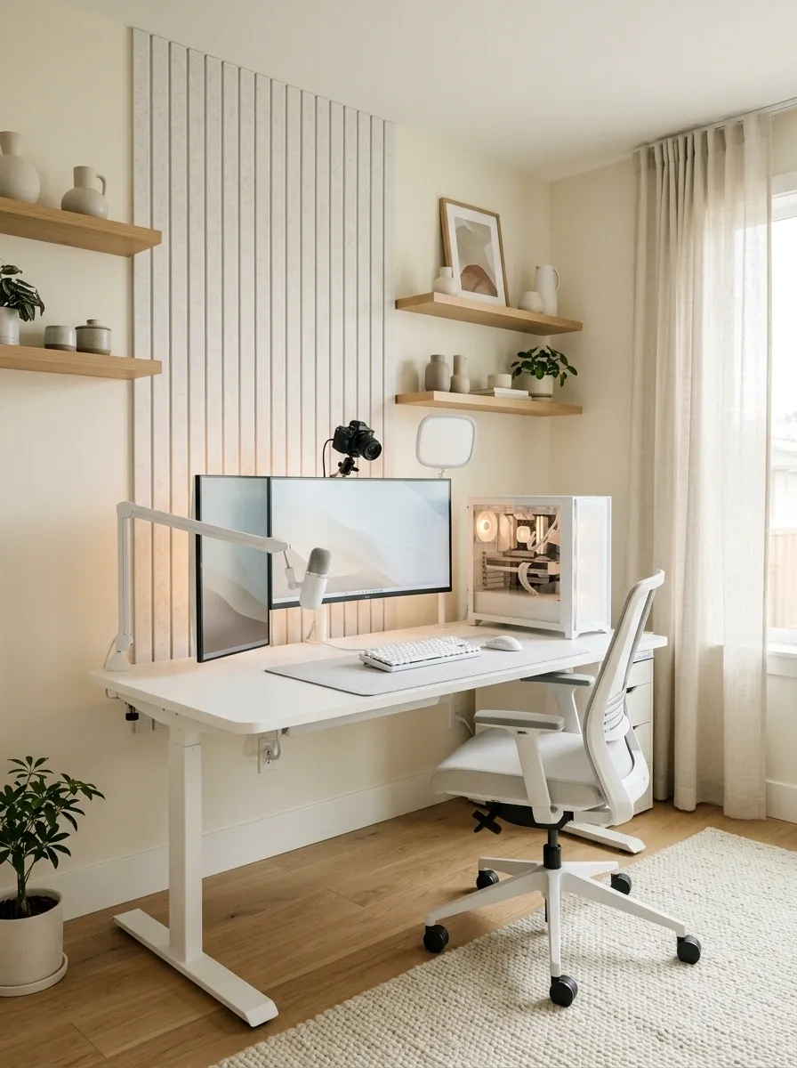 White Streaming Setup With Acoustic Wall Panels