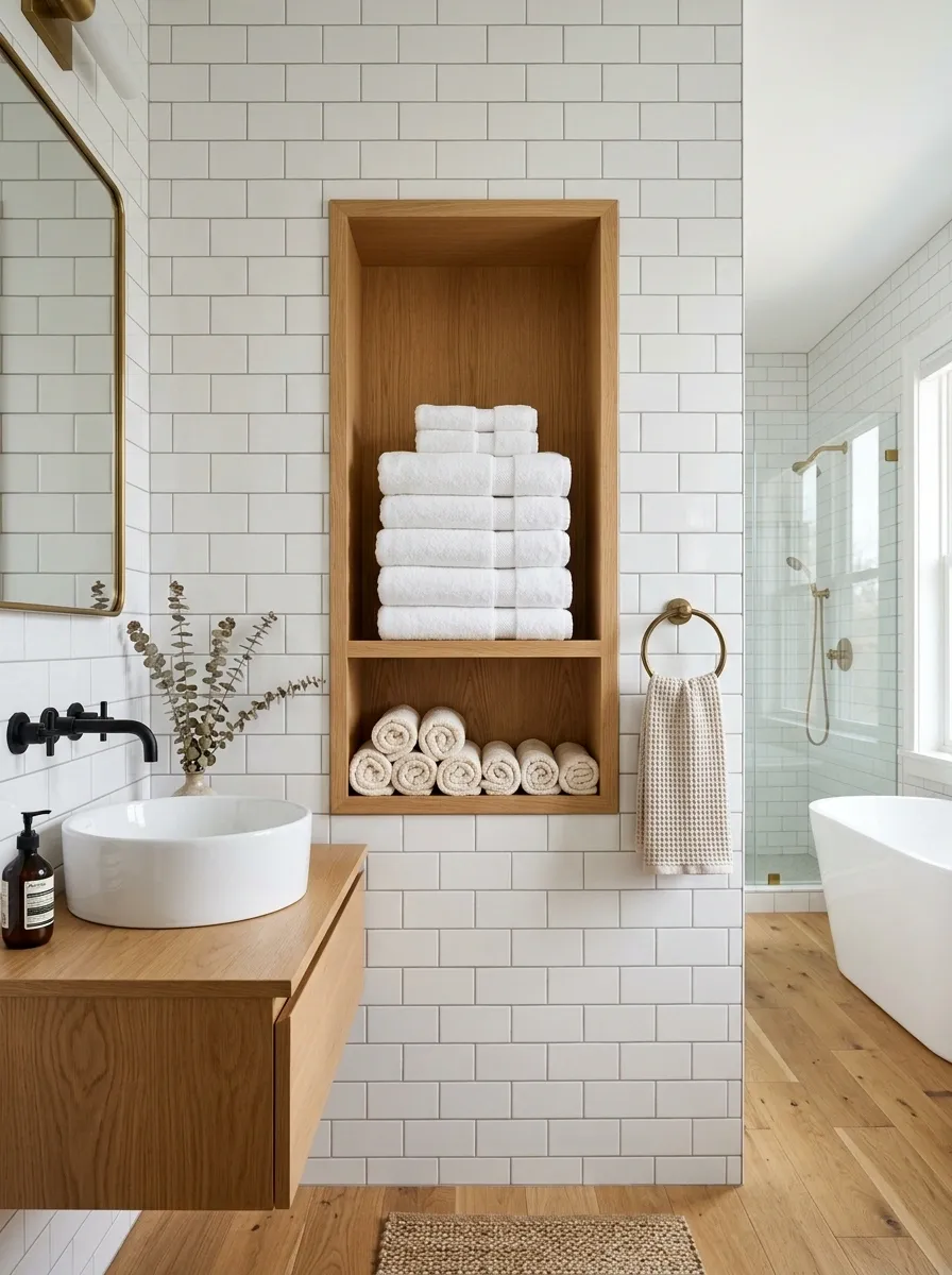 White Subway Tile Bathroom With a Recessed Oak Towel Shelf