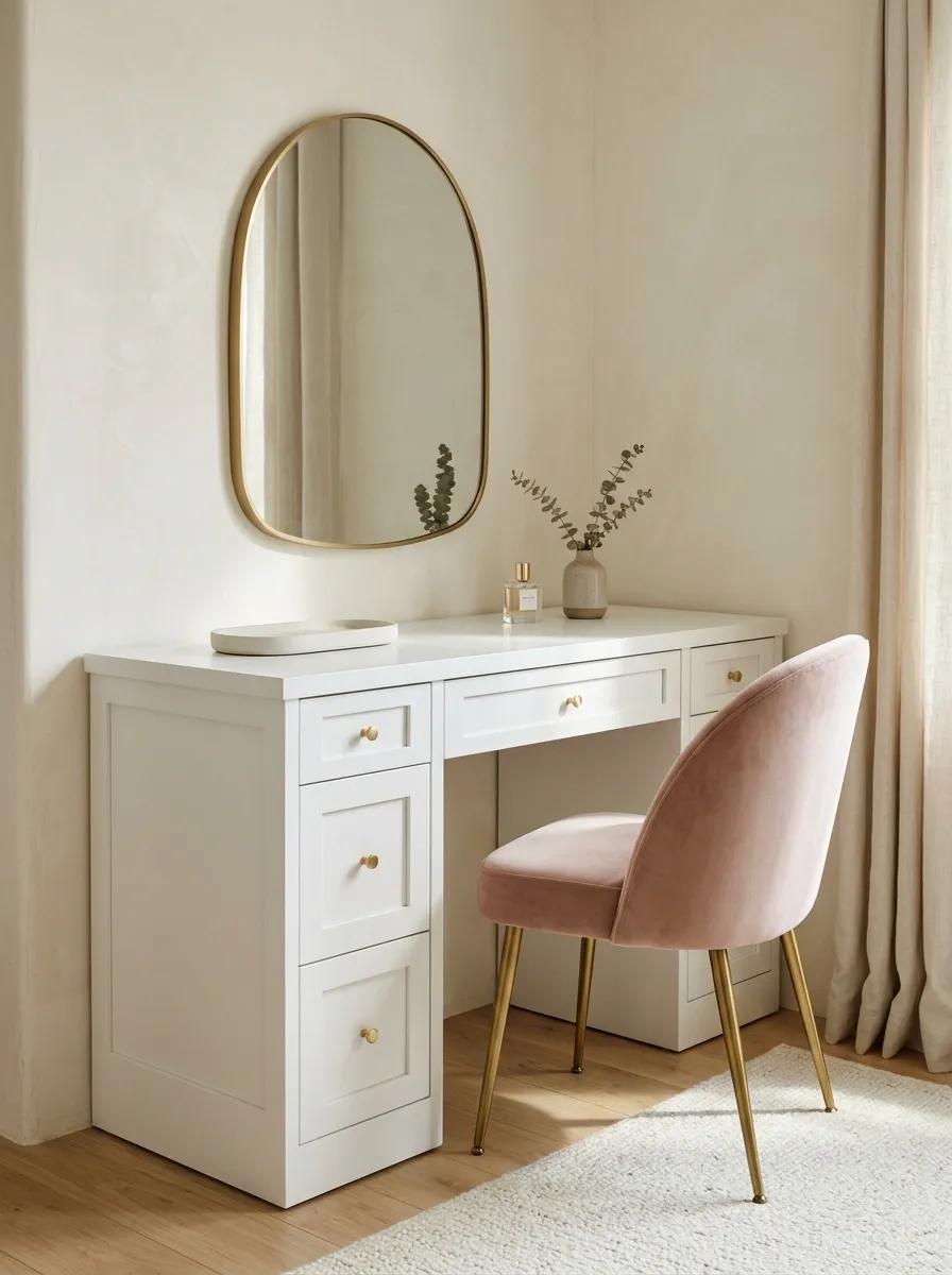White Vanity With Blush Upholstery and Soft Gold Accents