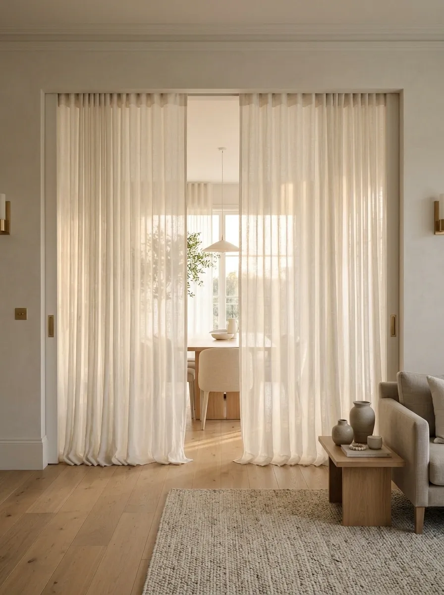 Wide Gauzy Curtain Wall Softening a Large Double Doorway